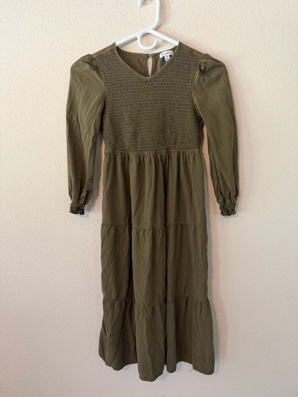 Love, Fire Olive Green Smocked Tiered Midi Dress Size S/P